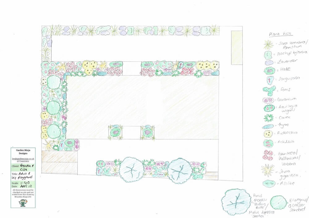 Family friendly garden design hand drawn plan