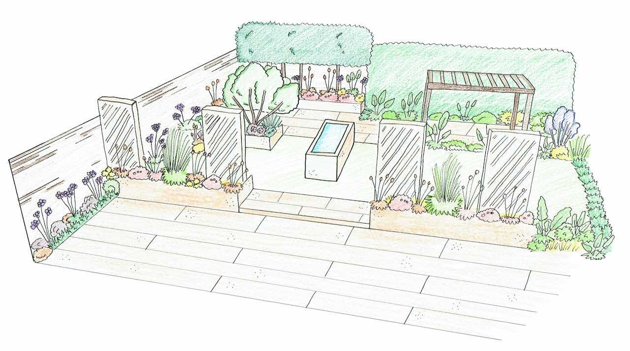 A hand drawn and coloured perspective design for a garden by Garden Ninja