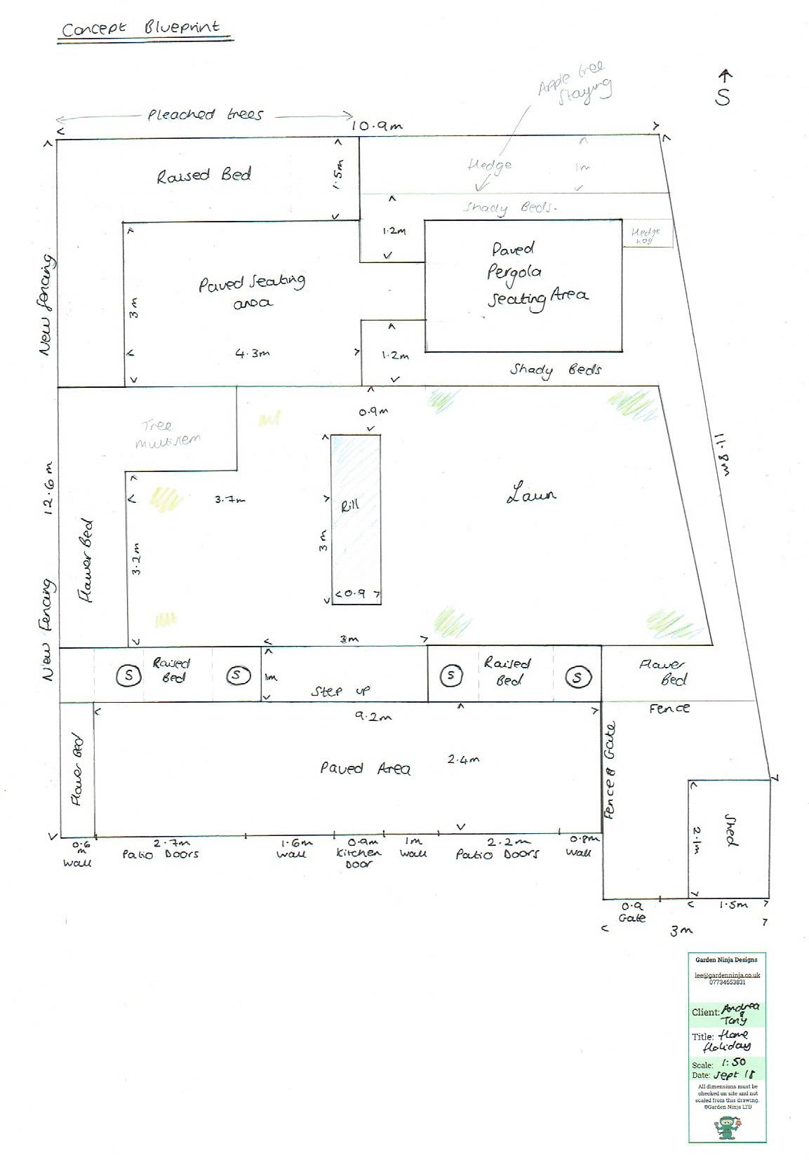 A hand drawn outline plan of a garden redesign by Garden Ninja