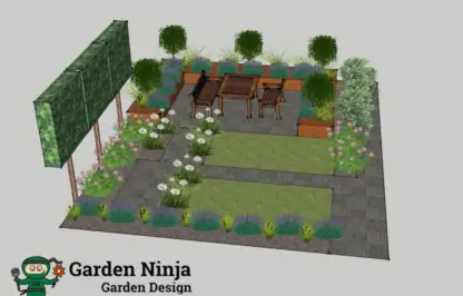 A sketchup render of a small back garden design
