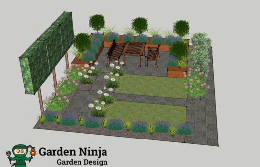 A sketchup render of a small back garden design