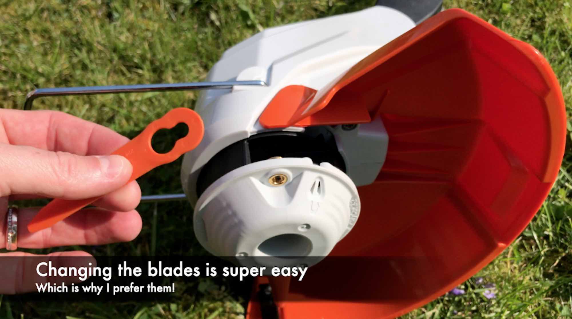 A strimmer blade being fitted