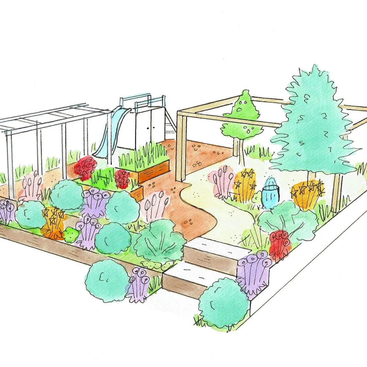 Terraced child friendly garden design showing how deep generous levels create usable garden rooms on a slope