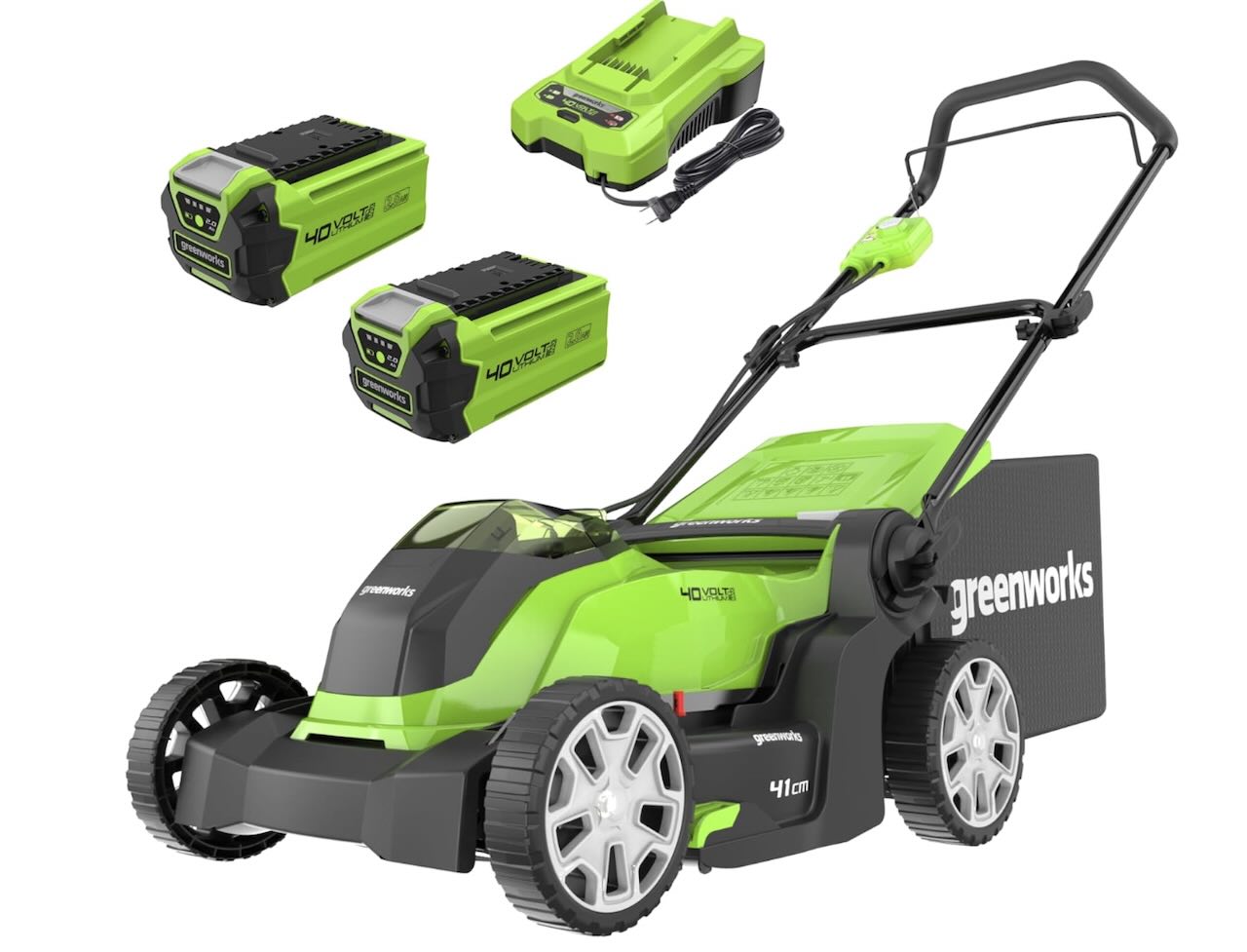 Greenworks G40LM41K2X 40V cordless lawn mower with two batteries