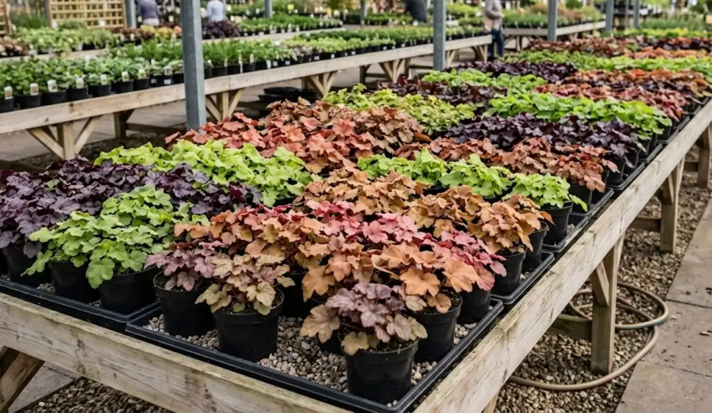 Heucheras in a garden centre