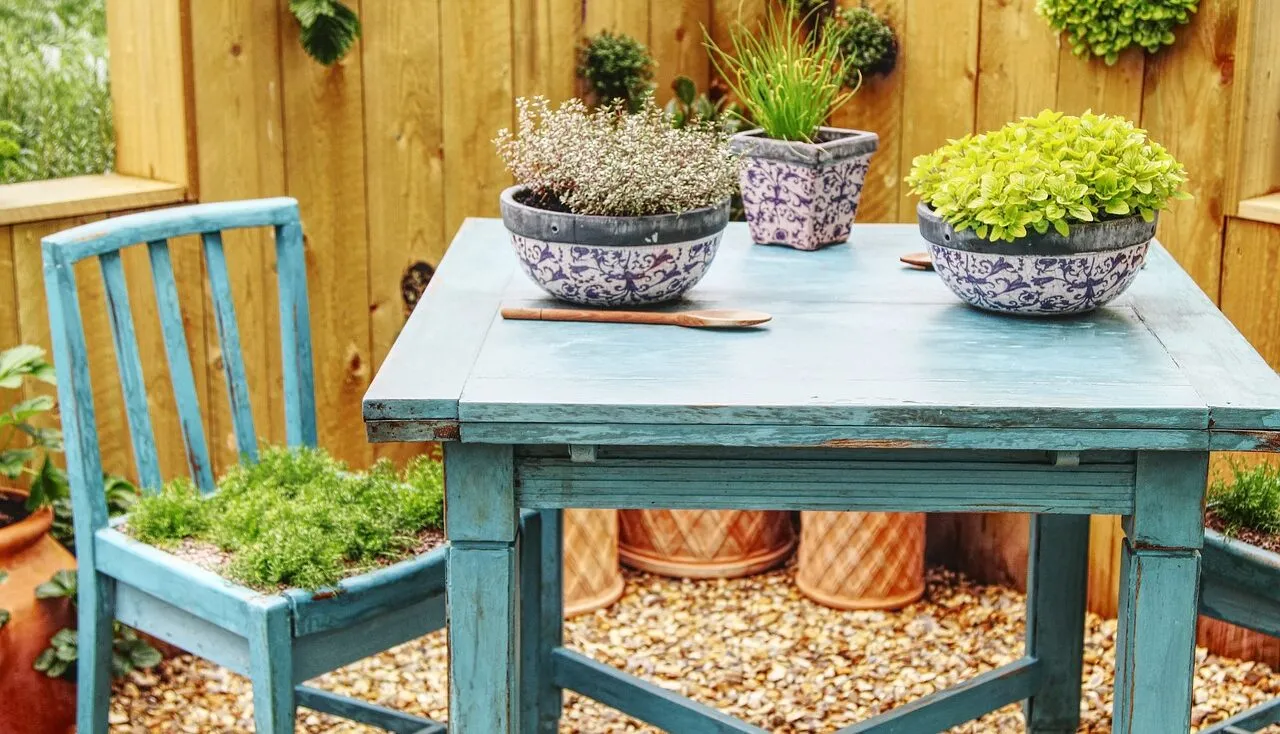 A painted table and chairs