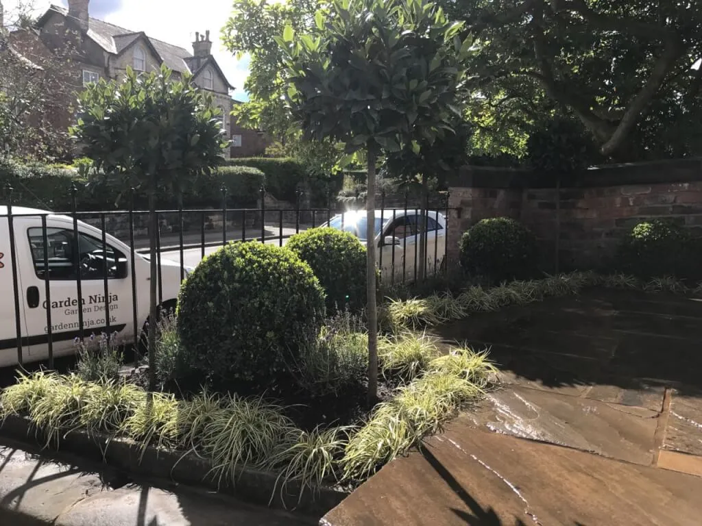 A newly finished contemporary front garden design by Garden Ninja showing generous wide terracing and formal planting