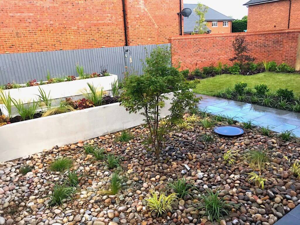 A modern garden with seating area and raised beds