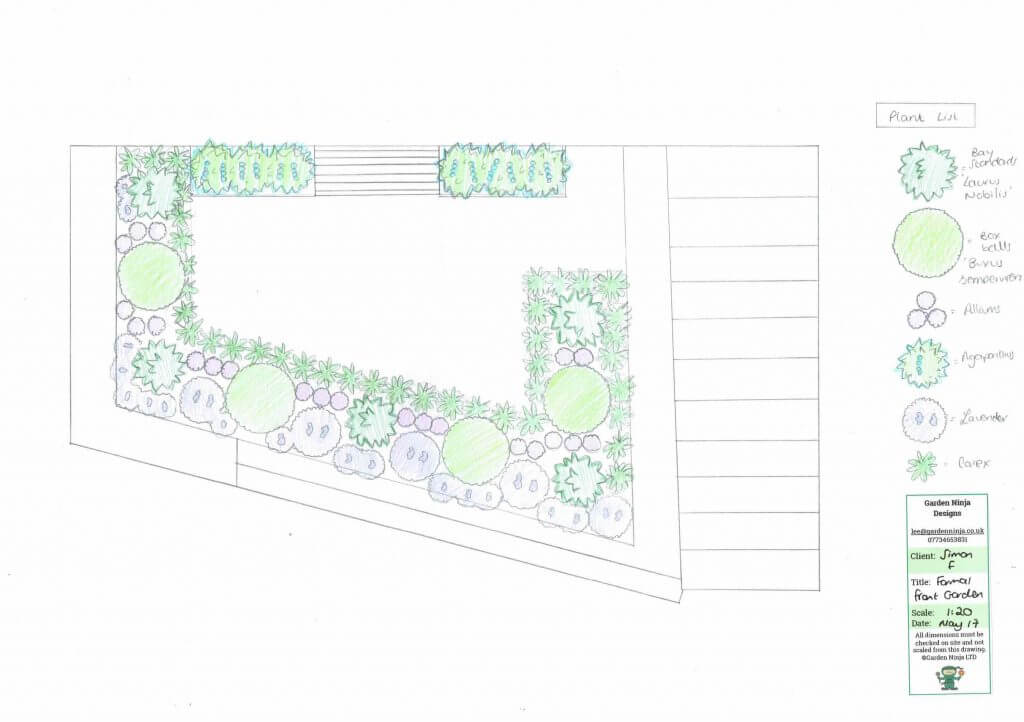 A plan of a front garden design hand drawn by Garden Ninja award winning garden designer