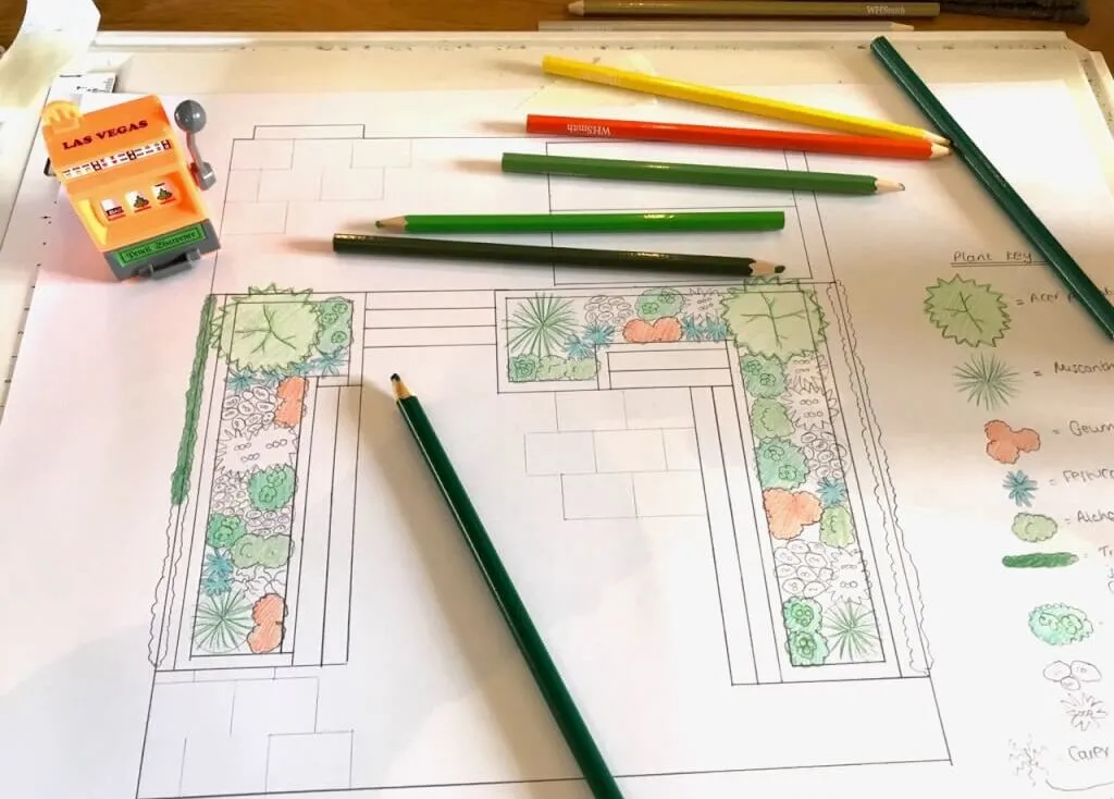 A hand drawn garden design with coloured pencils