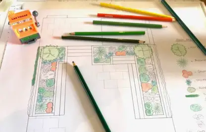 A hand drawn garden design with coloured pencils