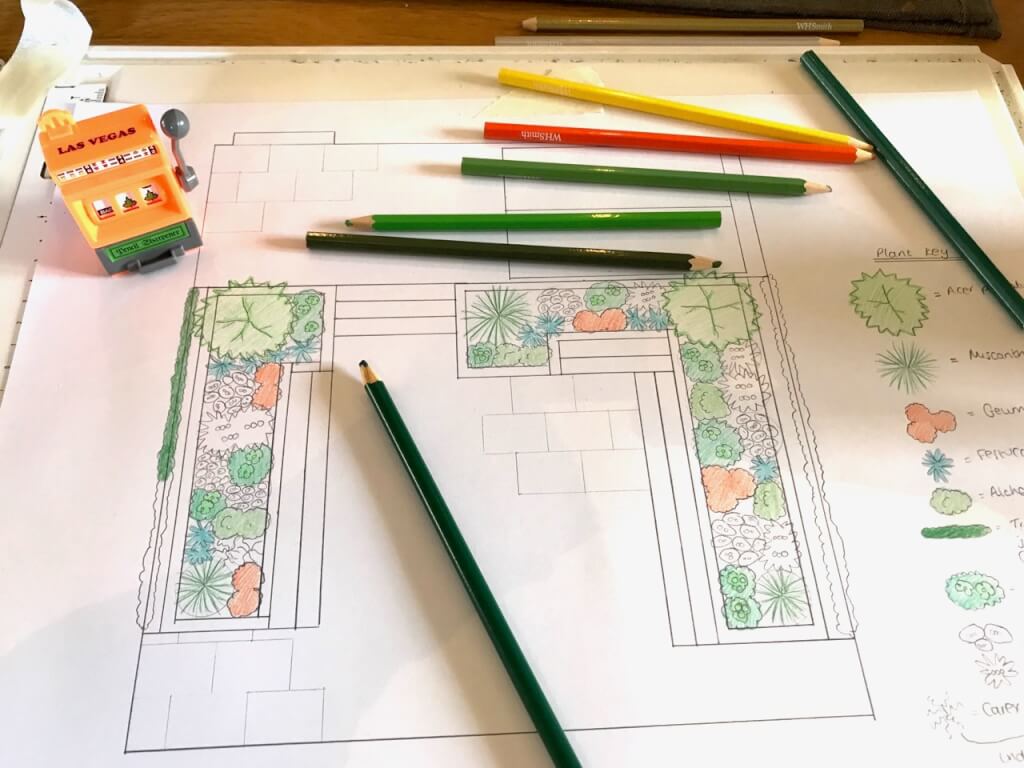 A hand drawn garden design with coloured pencils