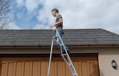 Garden blogger Lee Burkhill up a henchman ladder
