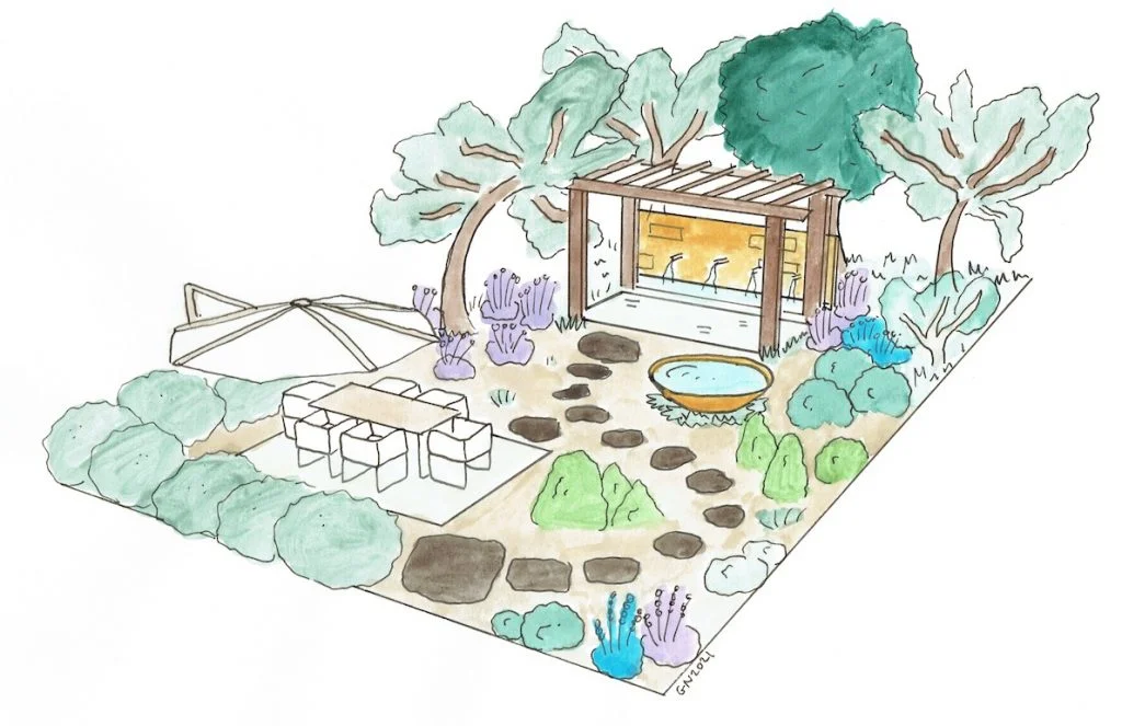 Un rendu de conception de jardin à l'aquarelle par Lee Burkhill le ninja du jardin