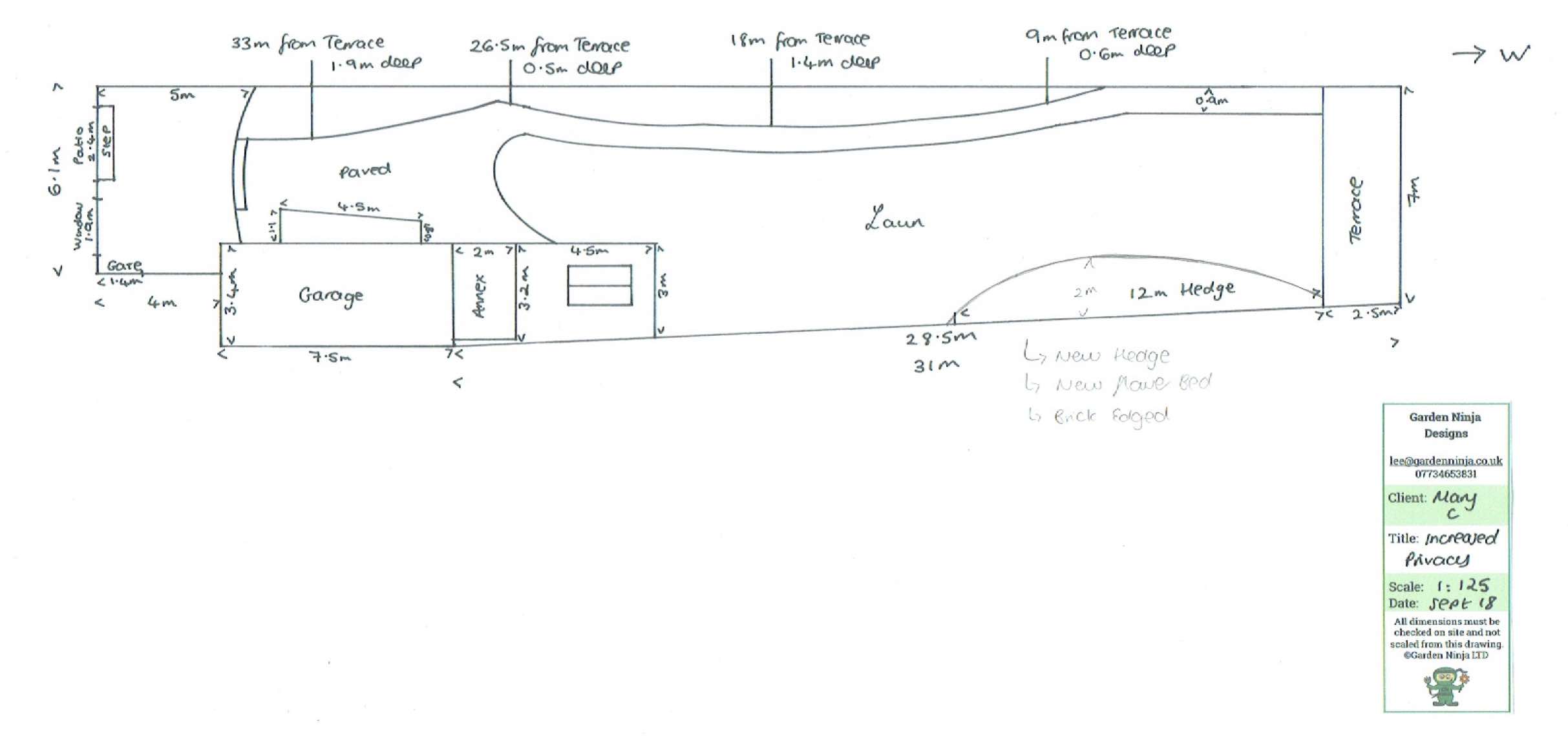 A hand drawn scaled garden sketch with measurements marked on each boundary