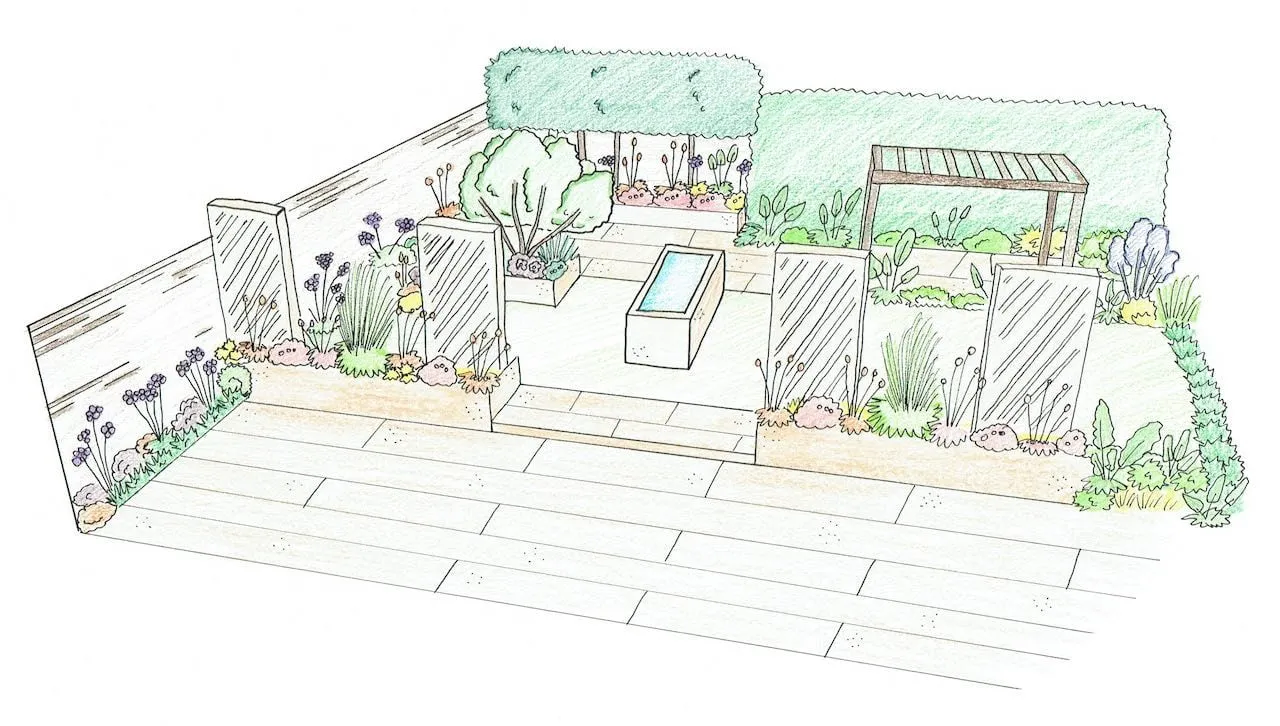A hand drawn garden design by Lee Burkhill from Garden Rescue