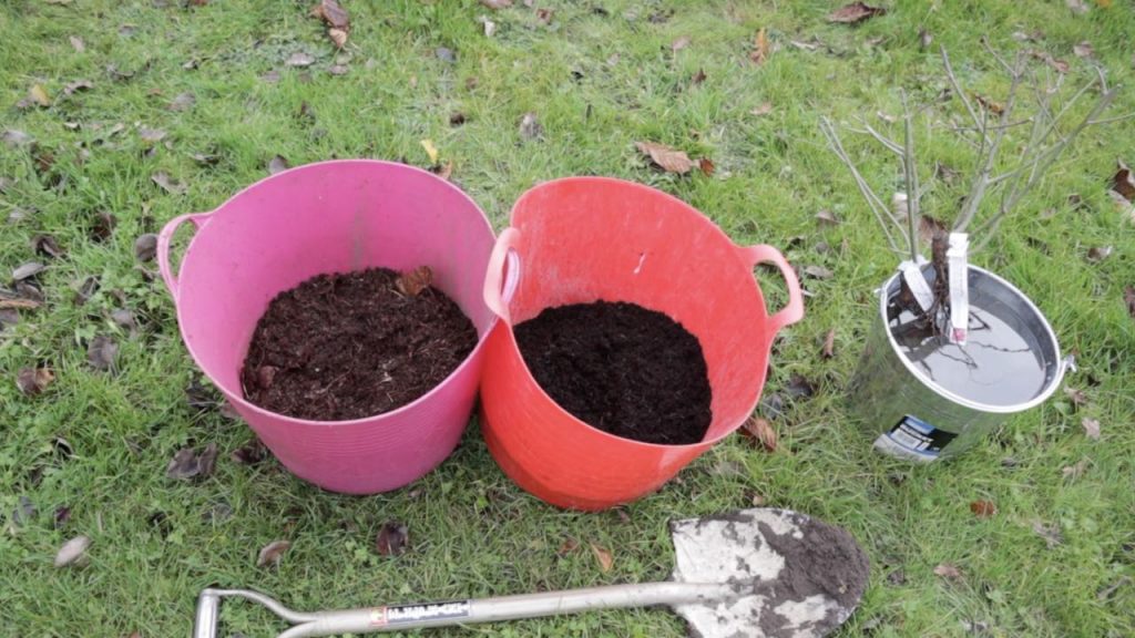 Two buckets with compost and leaf mould in
