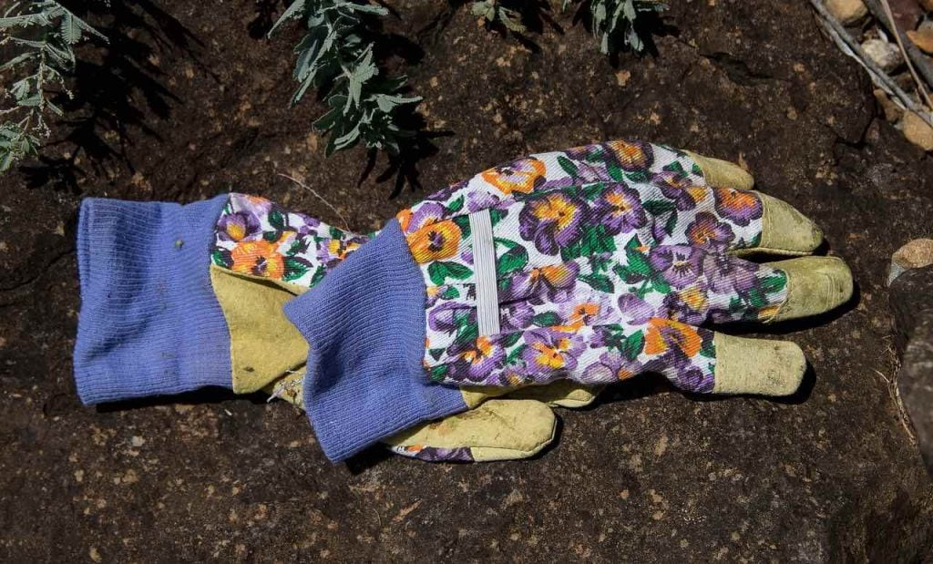 flowery gardening gloves on soil