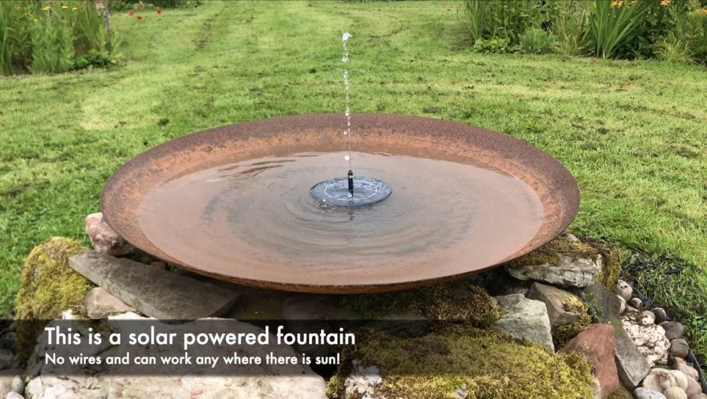 A solar powered water feature steel bowl