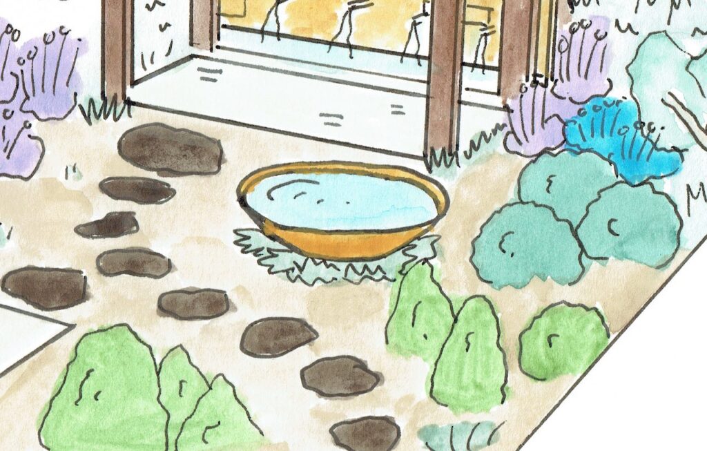 A water bowl in a hand drawn design of a med garden