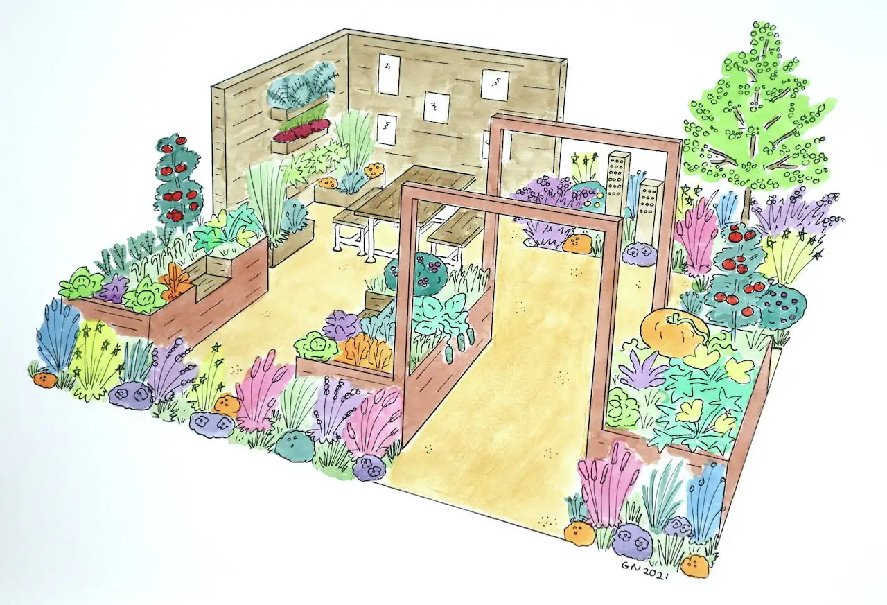 A hand drawn and watercolour painted garden design by Lee Burkhill, Garden Ninja