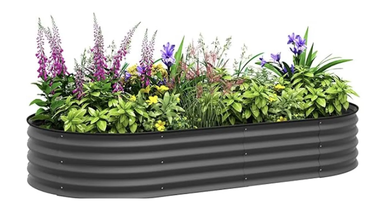 Galvanised metal raised beds in a garden