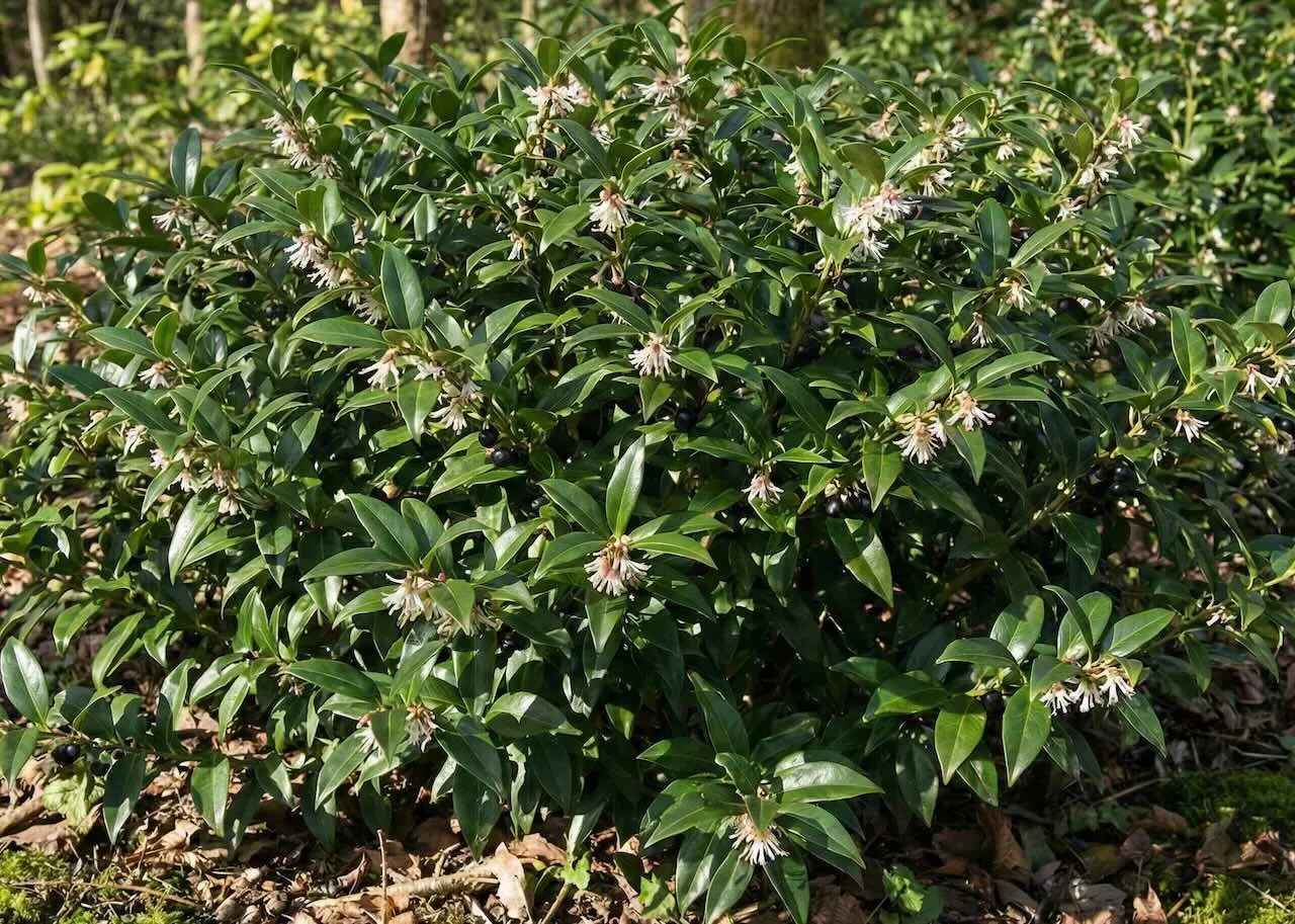 Sarcococca confusa sweet box in winter flower, a scented shrub valuable for early pollinators