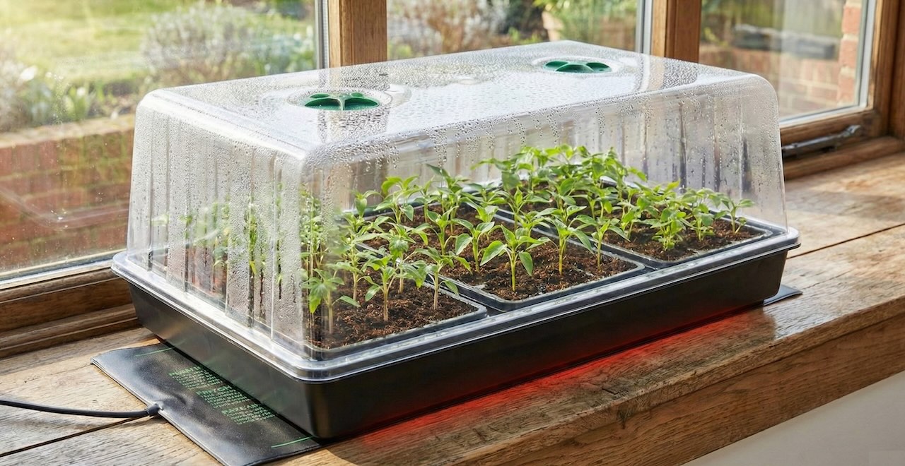 A heated propagator with seedlings on a windowsill