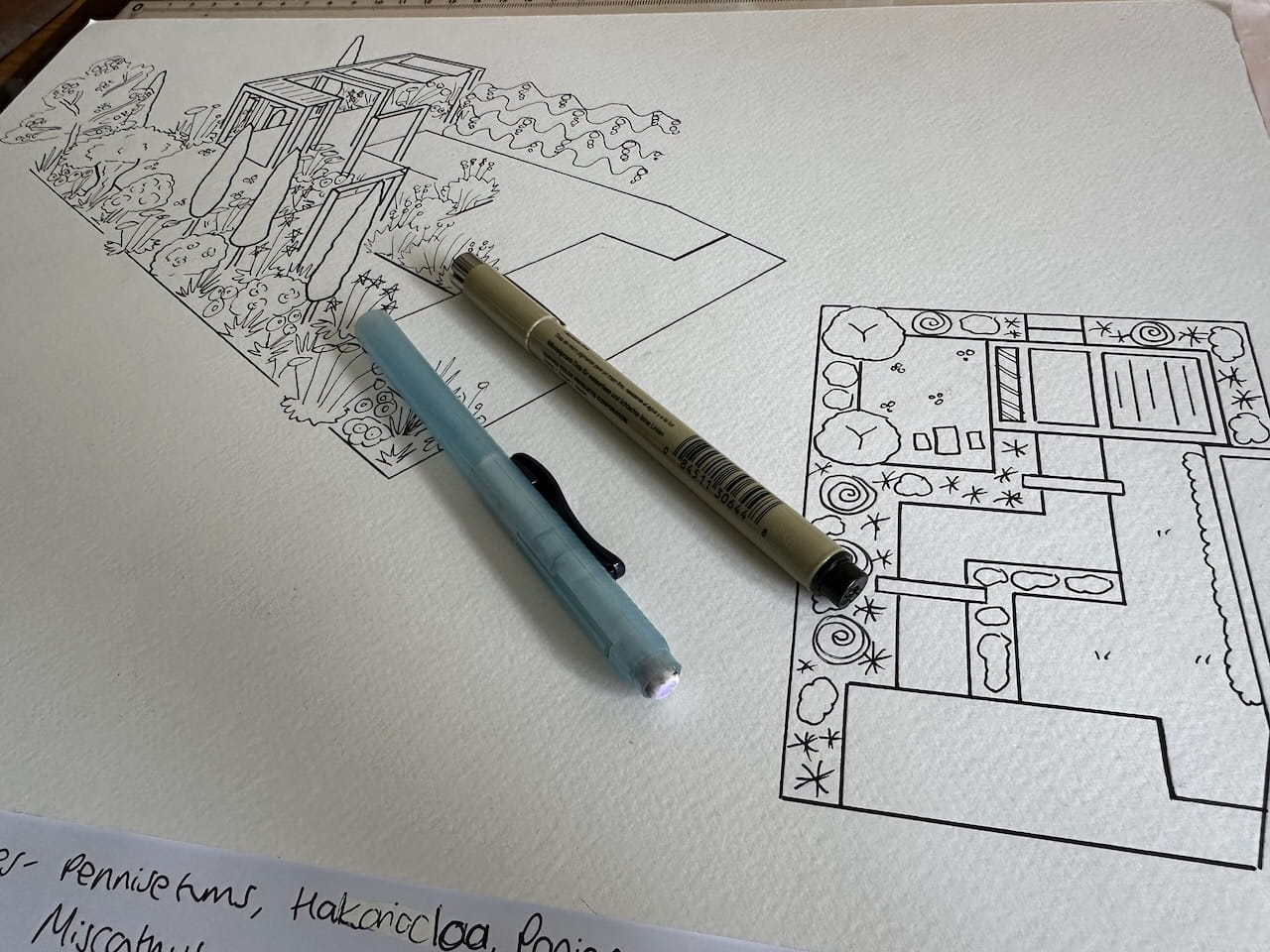 A hand drawn fine line garden design on watercolour paper by Lee Burkhill