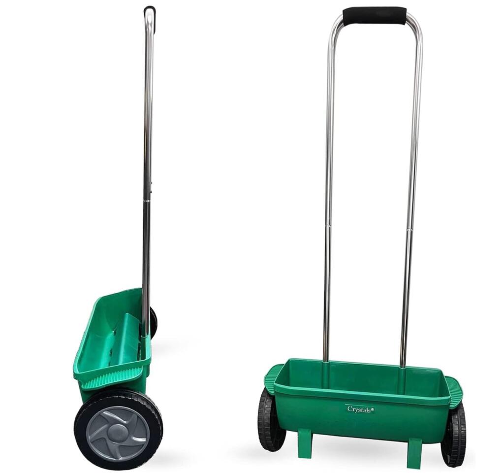 A lawn drop spreader