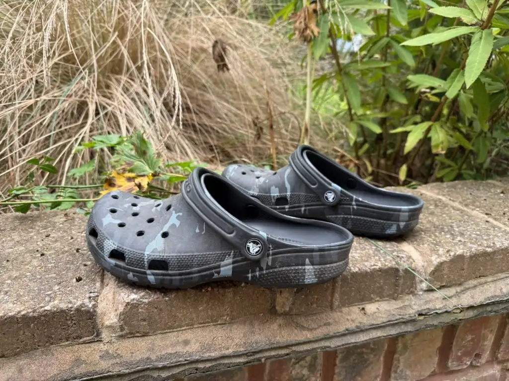 A pair of Crocs clogs worn for quick trips around the garden