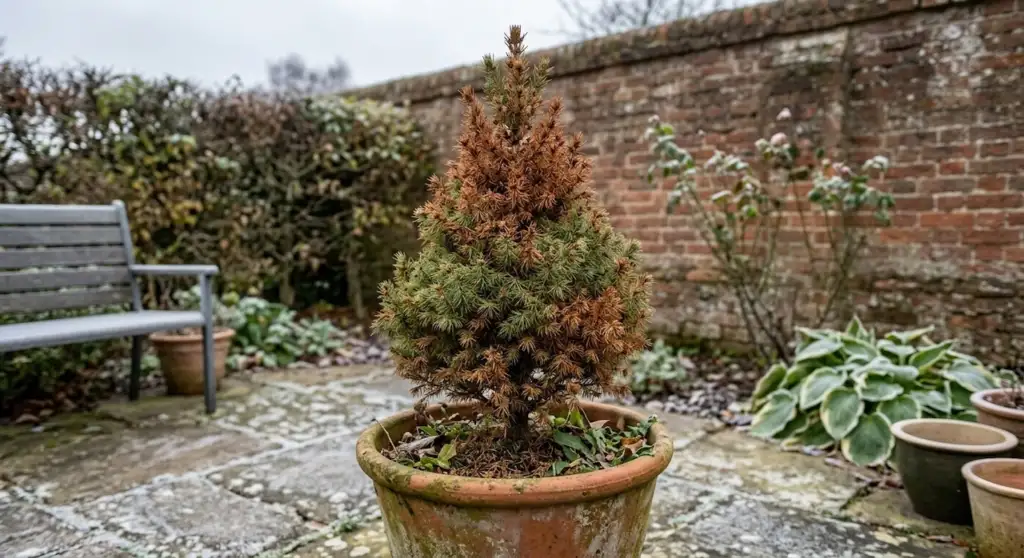 A brown dying christmas tree in a pot