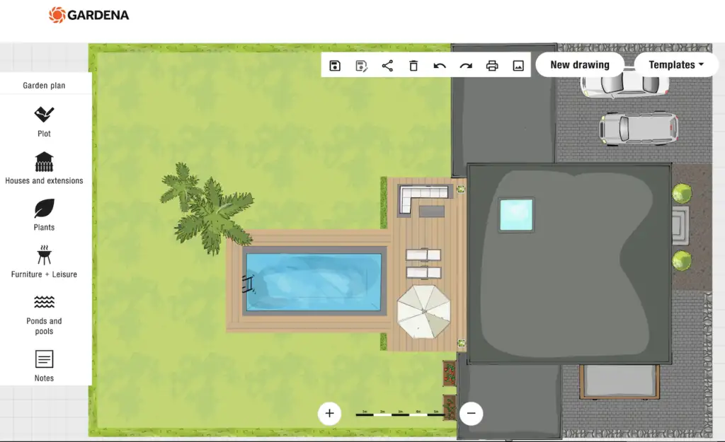 Gardena myGarden planner showing a 2D garden plan with a lawn, swimming pool, timber decking, parasol and driveway, with the tool menu on the left
