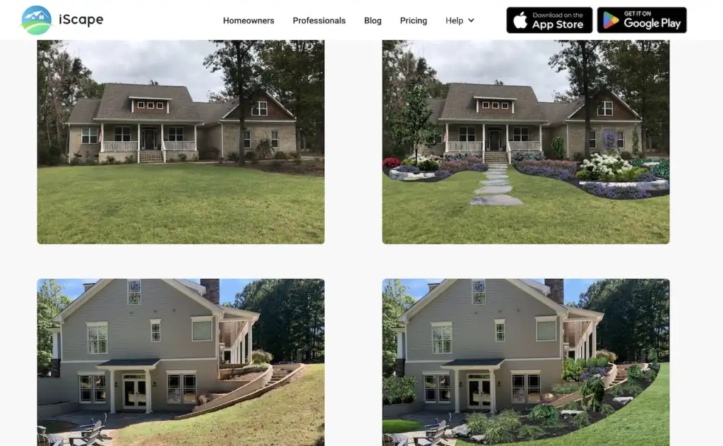 iScape app before and after examples showing two American houses with new planted beds, a stepping stone path and edged borders added over the original photos