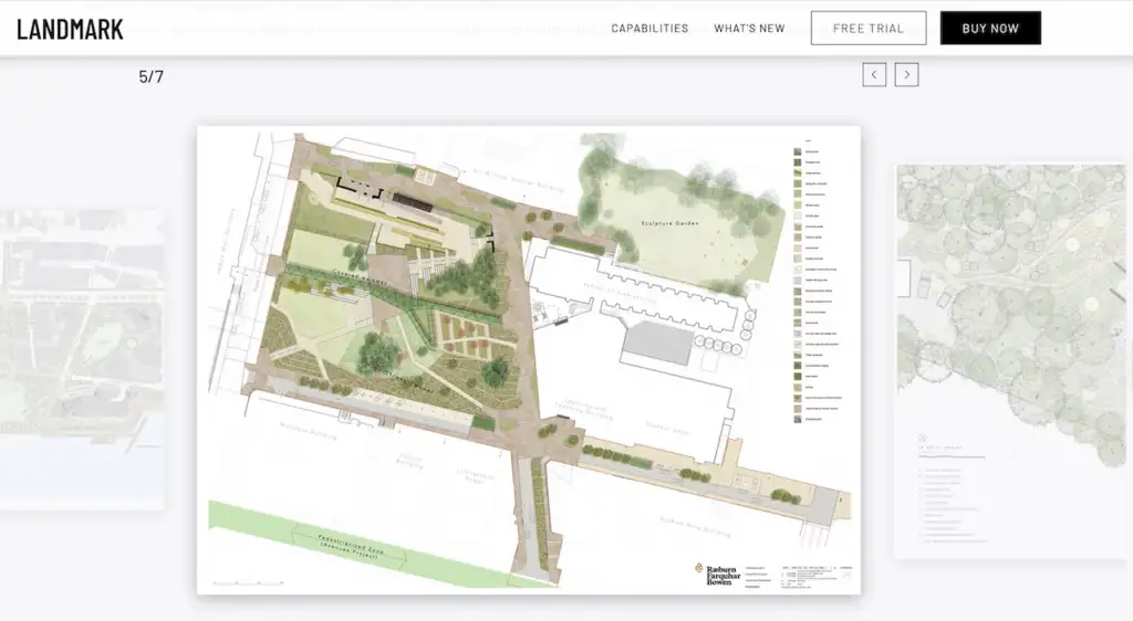 Vectorworks Landmark colour landscape plan of a public square with paths, lawns, tree canopies, planting beds and a plant key